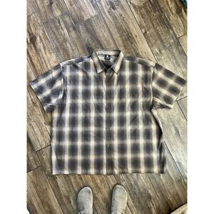 EUC Men's Yago Button Up Shirt 5XL Brown Blue Plaid Short Sleeve